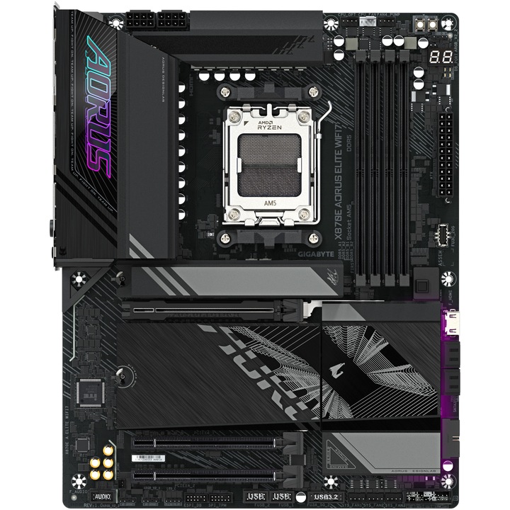 Дънна платка GIGABYTE X870E AORUS ELITE WIFI7, AM5, DDR5, Wi-Fi, BT, ATX, Черен
