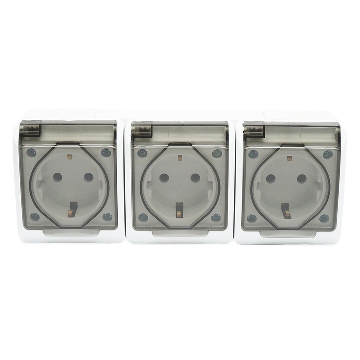 Priza tripla aplicata PT 16A, 250V contact de protectie si capac transparent IP44 Breckner Germany