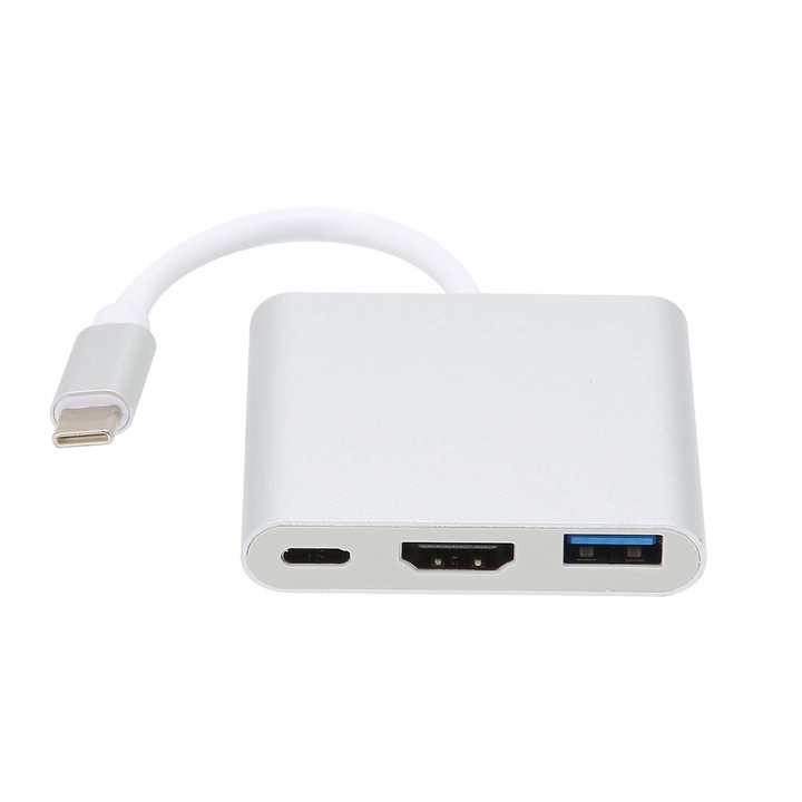 HUB 3 в 1, Mmgoqqt, Type-C към USB 3.0, HDMI/PD, 4K, сребрист