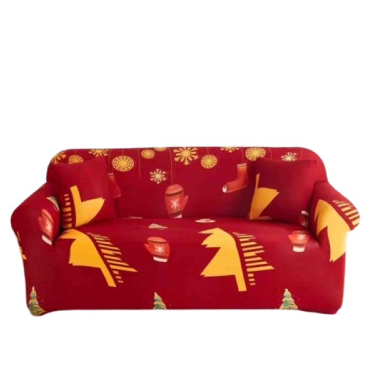 Еластичен калъф за диван, Jojo Home, Празнична коледна щампа, Braduleti, M-140X180см, Червен-Многоцветен