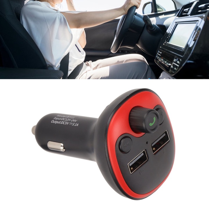 Bluetooth FM adó, longziming, dupla USB, gyorstöltés 3.1A, LED kijelző, 12V-24V