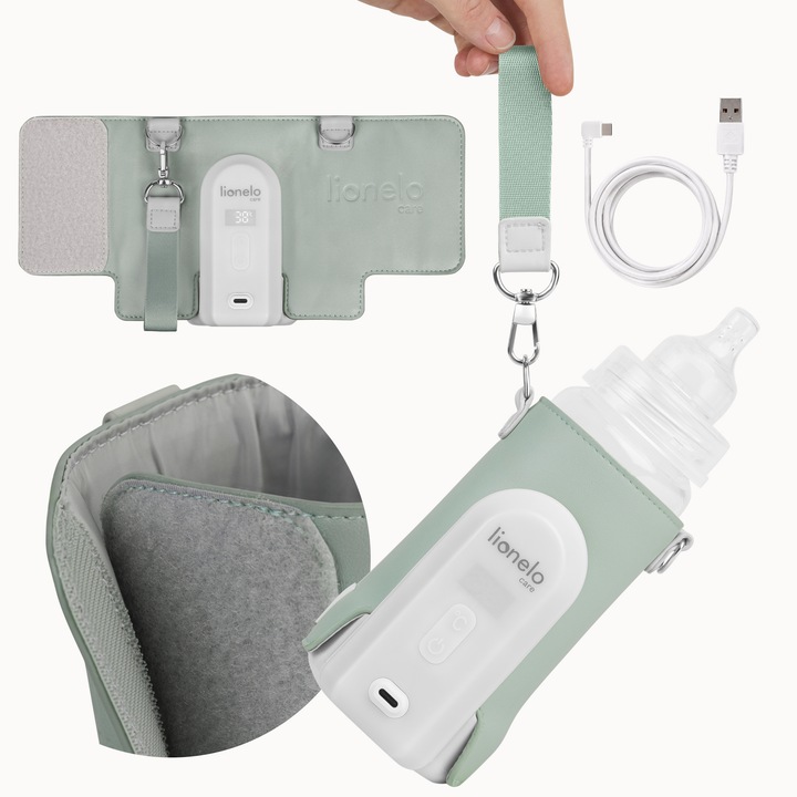 Incalzitor mobil pentru biberoane Lionelo Thermup Go Evo mentine mancarea calda pana la 9 ore, cu 5 niveluri de temperatura. Se potriveste majoritatii sticlelor si se incarca usor prin USB-C - Verde