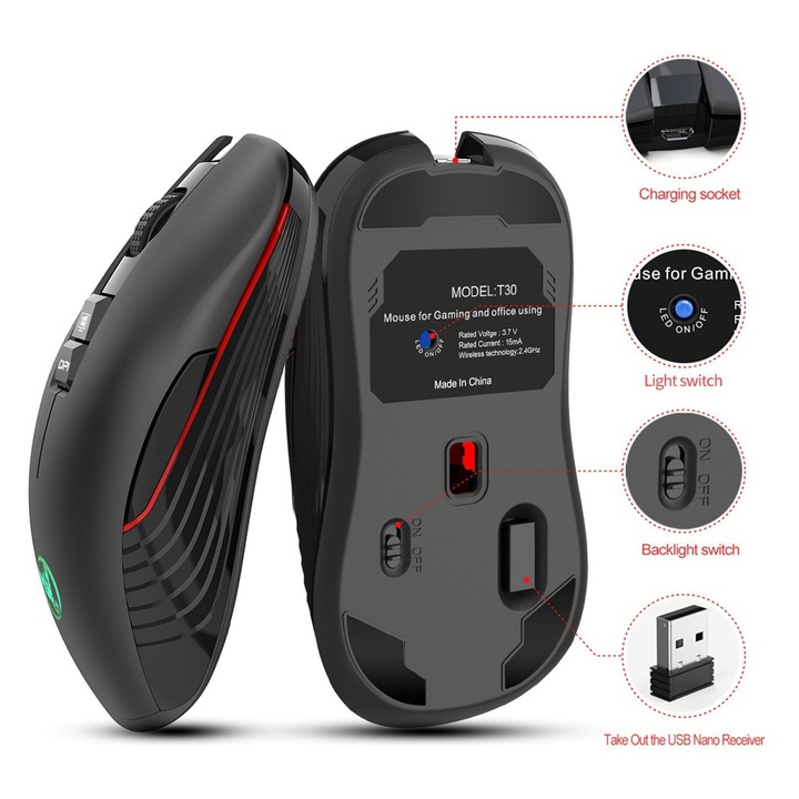 Ergonomikus vezeték nélküli gamer egér, Longziming, 750mAh, 2.4GHz, többszínű világítás, fekete