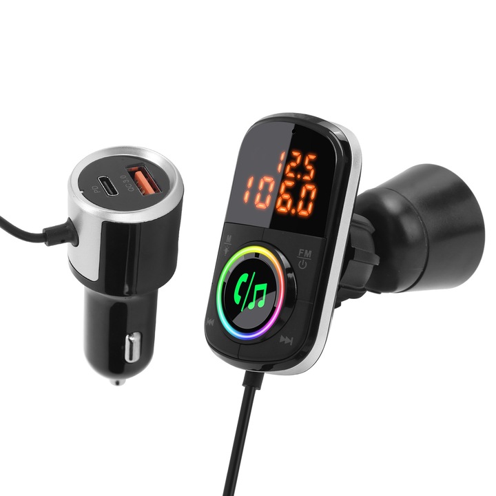 Jormftte BC71 autós FM adó, QC3.0 autós töltő, Bluetooth 5.0, LED, C típusú port, 12V-24V