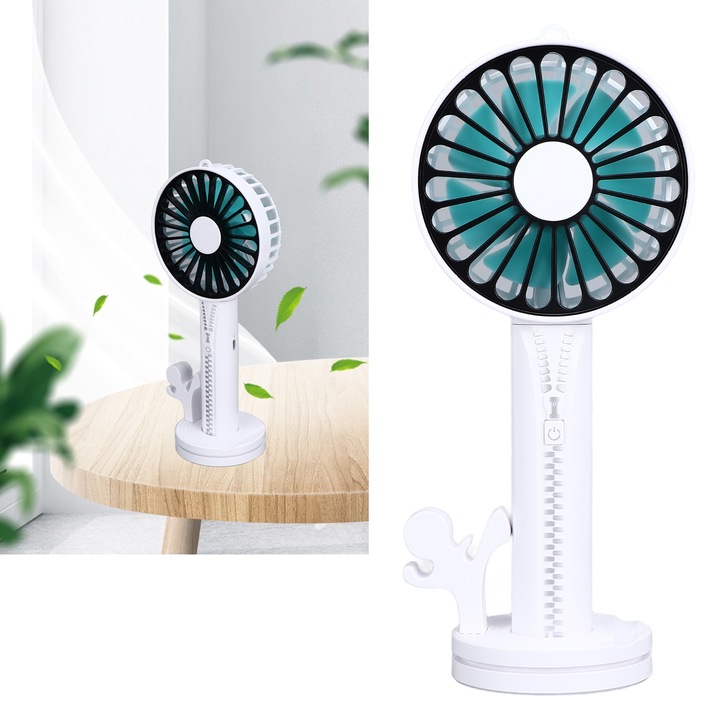 Hordozható kézi ventilátor, levehető, 3 szintű szélsebesség, USB újratölthető akkumulátor, DC5V 1A mini kis asztali ventilátor utazáshoz, sporthoz, fehér
