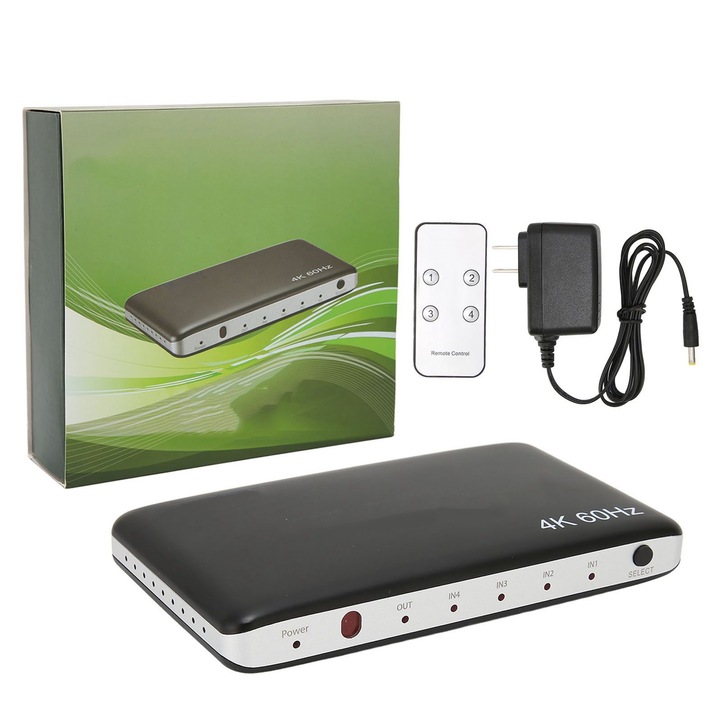 HD Multimédia Kapcsoló 4 az 1-ben Jormftte 4K 60Hz, 4 portos, távirányítóval, 136x80x22mm