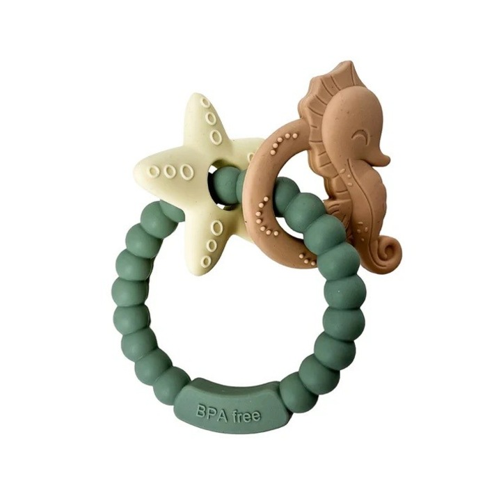 Flippy baba rágóka, karkötő típusú, ló és tengeri csillag modell, + 3 hónap, szilikon, BPA mentes, 8,1 x 8,1 x 1,2 cm, zöld