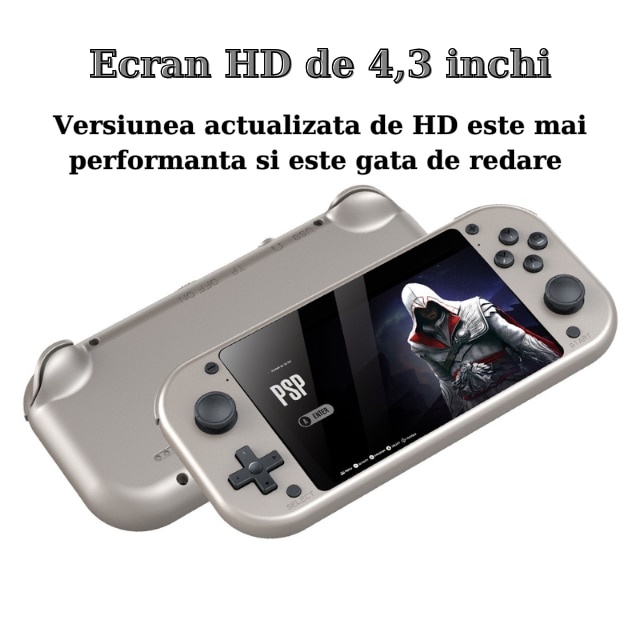 Consola de Jocuri Portabila LCX 4.3 Inch, card inclus de 64GB, Ecran LCD 480x272, Baterie 2000mAh, Procesor Quad core - Cortex-A7 1.2GHz, Sistem de operare Linux/Emelec 4.3, 25.000 Jocuri Clasice si 150 Jocuri PSP, Suport card TF, Port microfon