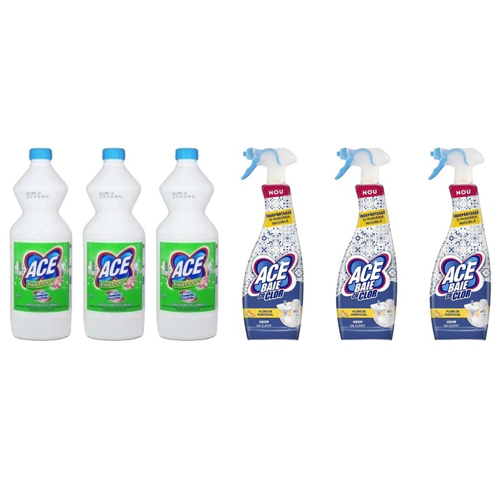 Ace Cleaning Set 6 x Valuepack, 3 x Bleach 1 l Illatos esőcseppek, 3 x Chlorine Bath Spray Solution 650ml Narancsvirágok, friss aroma, virágos illat, vízkő elpusztítása, gyors és hatékony, bőrgyógyászatilag tesztelt, hosszan tartó frissesség