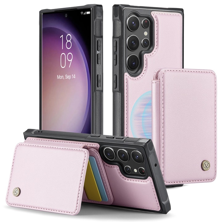 Калъф за Samsung Galaxy S23 Ultra, CaseMe, мека текстурирана кожа с мек захват, заден капак, свалящ се магнитен мини портфейл, слот за карти, функция за стойка, RFID защита, Розов