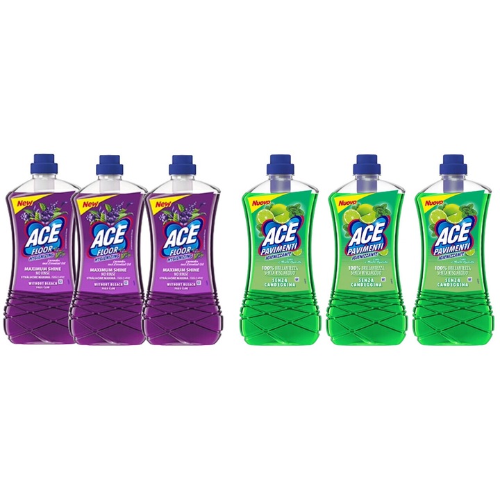 Set Curatenie Ace 6 x Valuepack, 3 x Solutie Pardoseli 1l Lavanda, 3 x Solutie Pardoseli Fara Clor 1l Lime Menta, fresh aroma, parfum floral, distruge calcarul, rapid si eficient, testat dermatologic, prospetime de lunga durata, eficacitate maxima