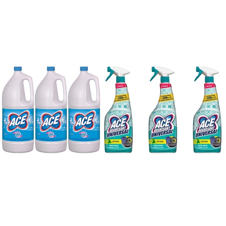 Ace Cleaning Set 6 x Valuepack, 3 x Bleach 2l Normal, 3 x Univerzális zsírtalanító spray oldat 550 ml Citrom, friss illatú, virágos illatú, vízkőoldó, gyors és hatékony, bőrgyógyászatilag tesztelt, hosszan tartó frissesség, maximális hatékonyság