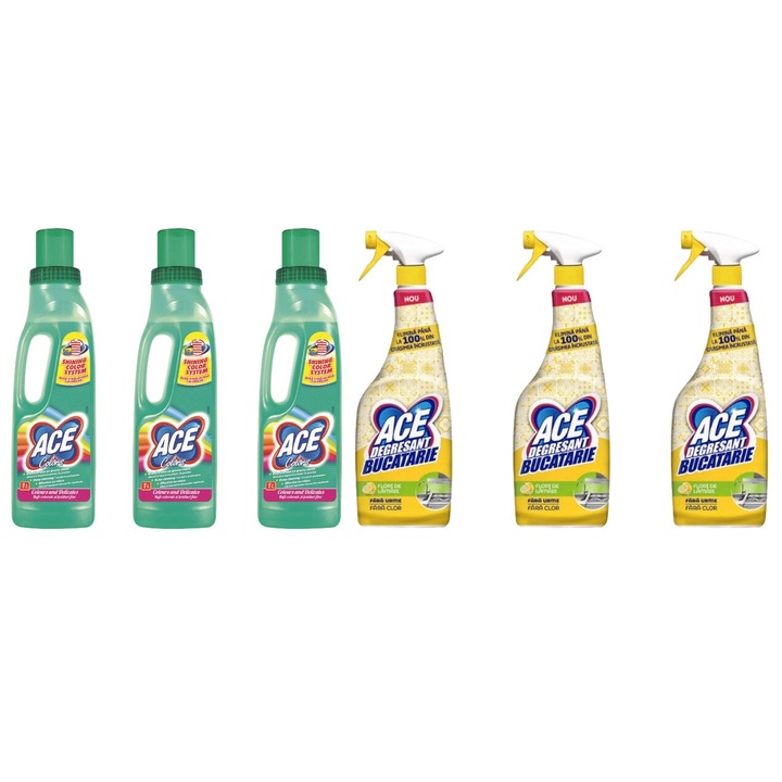 Ace Cleaning Set 6 x Valuepack, 3 x Stain Solution 1l Normal Color, 3 x Konyhai zsíroldó spray oldat 650 ml Citrom, vízkő elpusztítása, gyors és hatékony, bőrgyógyászatilag tesztelt, hosszan tartó frissesség, maximális hatékonyság