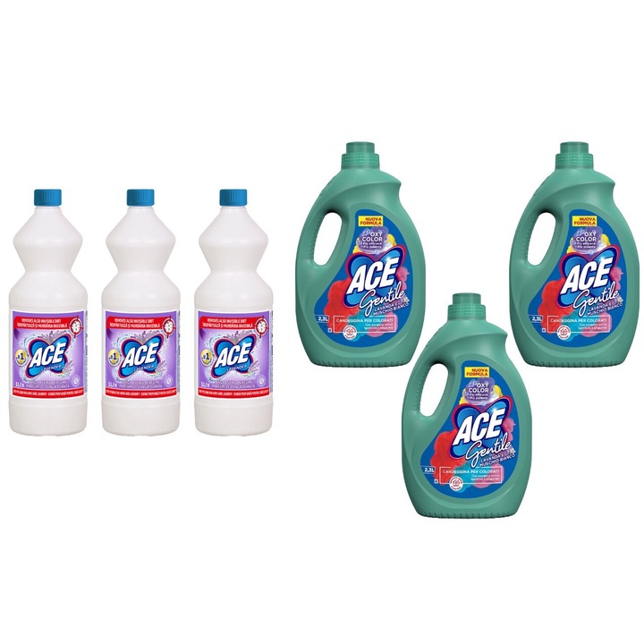 Ace Cleaning Set 6 x Valuepack, 3 x Levantica Scented Bleach 1l, 3 x Stain Solution 2,3l Muschio Bianco Levendula szín, friss illat, virágos illat, vízkő elpusztítása, gyors és hatékony, bőrgyógyászatilag tesztelt, hosszan tartó frissesség