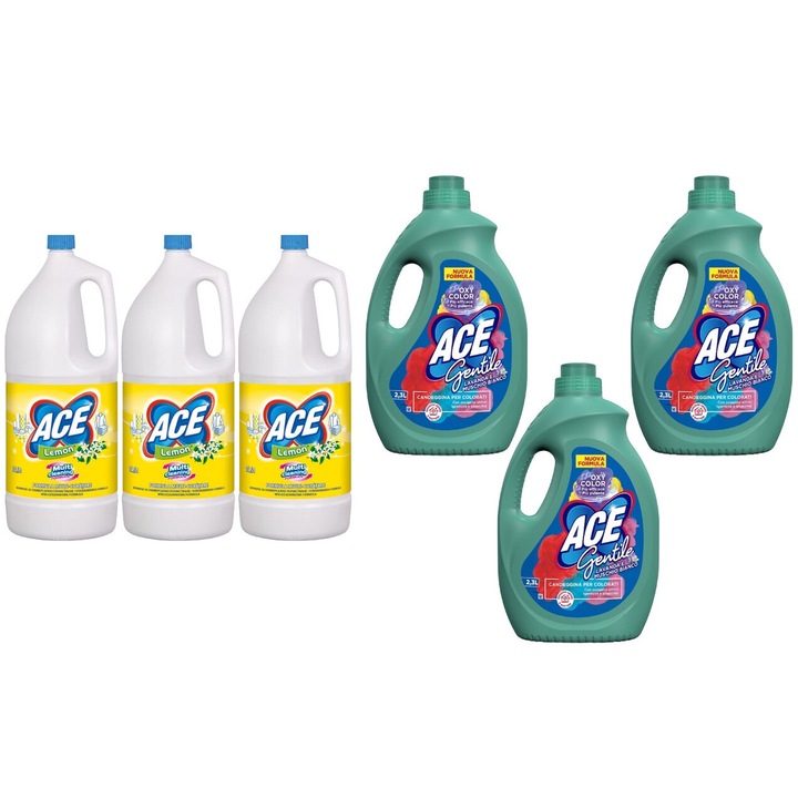 Ace Cleaning Set 6 x Valuepack, 3 x fehérítő 2 l illatos citrom, 3 x foltoldat 2,3 l Levendula Color Muschio Bianco, friss aroma, vízkő elpusztítása, gyors és hatékony, bőrgyógyászatilag tesztelt, hosszan tartó frissesség, maximális hatékonyság