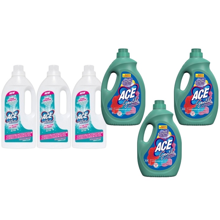 Ace Cleaning Set 6 x Valuepack, 3 x Stain Solution 1l White ruha, 3 x Stain Solution 2,3l Levendula Color Muschio Bianco, vízkő elpusztítása, gyors és hatékony, bőrgyógyászatilag tesztelt, hosszan tartó frissesség, maximális hatékonyság
