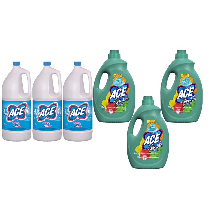 Ace Cleaning Set 6 x Valuepack, 3 x Bleach 2l Normal, 3 x Stain Solution 2,3l Color Fresco, friss aroma, virágos illat, vízkő elpusztító, gyors és hatékony, bőrgyógyászatilag tesztelt, hosszantartó frissesség, maximális hatékonyság, bőséges tartalom