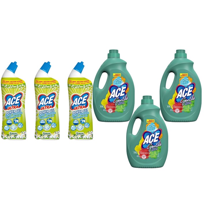 Set Curatenie Ace 6 x Valuepack, 3 x Power Gel 750ml Lemon, 3 x Solutie Pete 2.3l Color Fresco, fresh aroma, parfum floral, distruge calcarul, rapid si eficient, testat dermatologic, prospetime de lunga durata, eficacitate maxima, continut generos