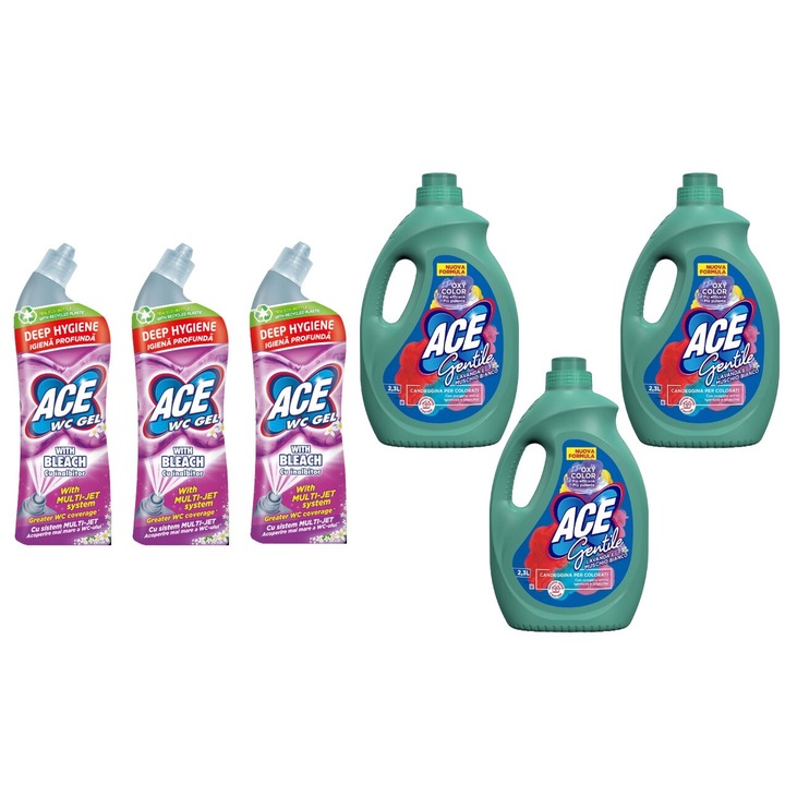 Ace Cleaning Set 6 x Valuepack, 3 x Wc Gel Hypo 700ml Bleach with Bleach, 3 x Stain Solution 2,3l Color Levendula Muschio Bianco, friss aroma, virágos illat, vízkő elpusztítása, gyors és hatékony, bőrgyógyászatilag tesztelt, hosszan tartó frissesség
