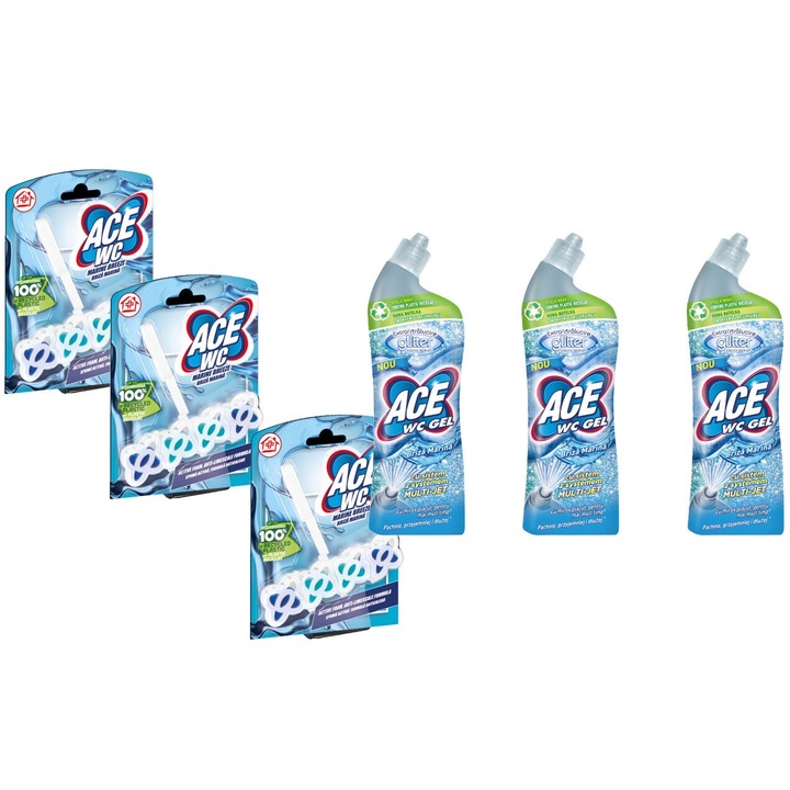 Ace Cleaning Set 6 x Valuepack, 3 x WC-frissítő 48g Marine Breeze, 3 x Toalettgél Glitter 700ml Marine Breeze, friss aroma, virágos illat, vízkő elpusztítása, gyors és hatékony, bőrgyógyászatilag tesztelt, hosszan tartó frissesség, maximális hatékonyság