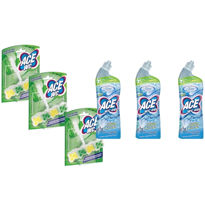 Ace Cleaning Set 6 x Valuepack, 3 x WC-frissítő 48 g citrom, 3 x toalettgél Glitter 700 ml Marina Breeze, friss aroma, virágos illat, vízkőoldó, gyors és hatékony, bőrgyógyászatilag tesztelt, hosszan tartó frissesség, maximális hatékonyság