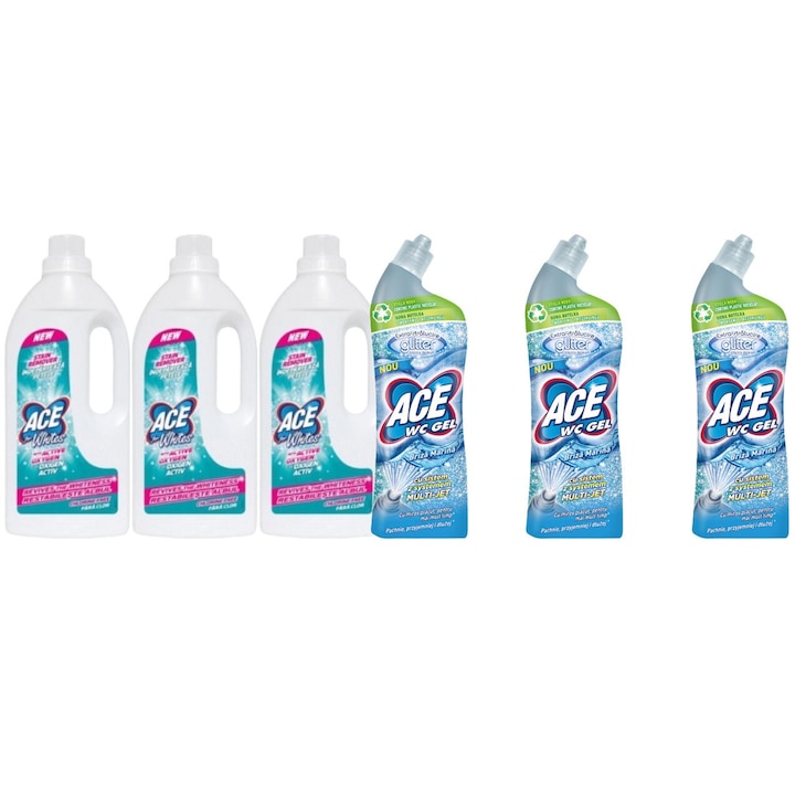 Ace Cleaning Set 6 x Valuepack, 3 x Stain Solution 1l White Clothes, 3 x Wc Glitter Glitter 700ml Marina Breeze, friss aroma, virágos illat, vízkőoldó, gyors és hatékony, bőrgyógyászatilag tesztelt, hosszantartó frissesség, maximális hatékonyság