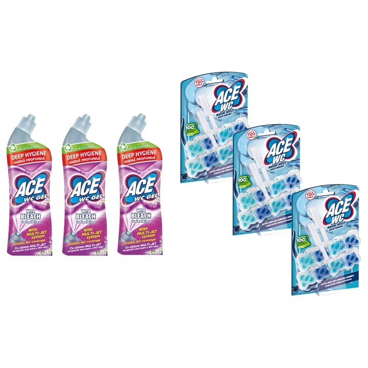 Ace Cleaning Set 6 x Valuepack, 3 x WC gél Hypo 700 ml fehérítővel, 3 x WC légfrissítő 2 x 48 g Marine Breeze, friss aroma, virágos illat, vízkő elpusztítása, gyors és hatékony, bőrgyógyászatilag tesztelt, hosszan tartó frissesség, maximális hatékonyság