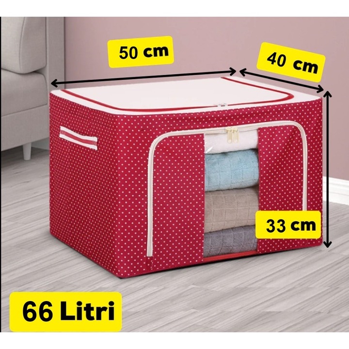 Cutie de Depozitare Pliabila, toolsy, 66 L, din Tesatura Oxford, 50x40x33 cm, Fereastra Frontala, 2 Usi de Acces cu Fermoar Bidirectional, Cadru Metalic, Suport Baza Stabil din Plastic, Imprimeu Buline, Rosu