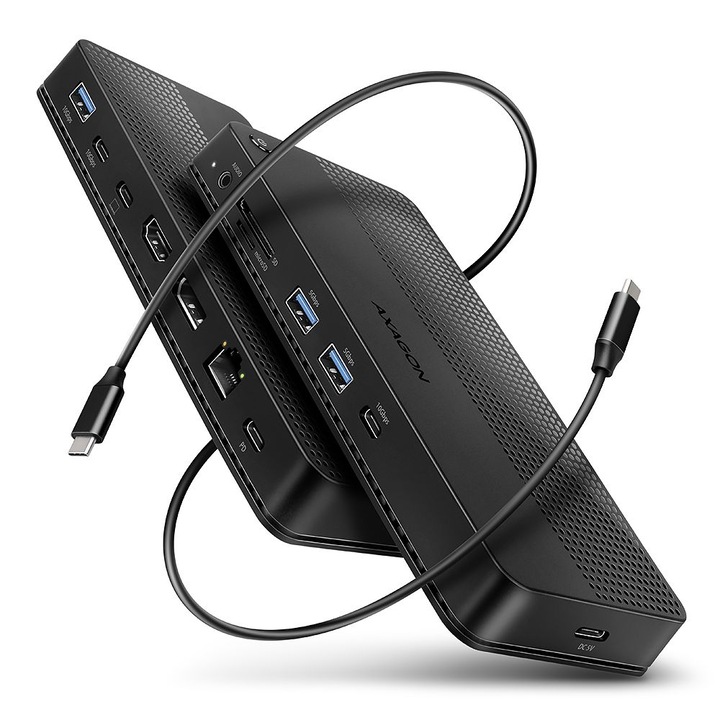 Axagon (HMC-U4) USB4 40Gbps докинг станция с двоен 4K дисплей, съвместим с Thunderbolt 3/4, 3*USB-A, 2*USB-C, 1* HDMI, 1* DP 1*3,5 мм жак, 1*RJ45, изходи, четец на карти, черни изходи
