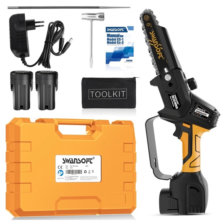 Láncfűrész, 500W, vágási átmérő 120mm, 2 elem, komplett készlet, sárga