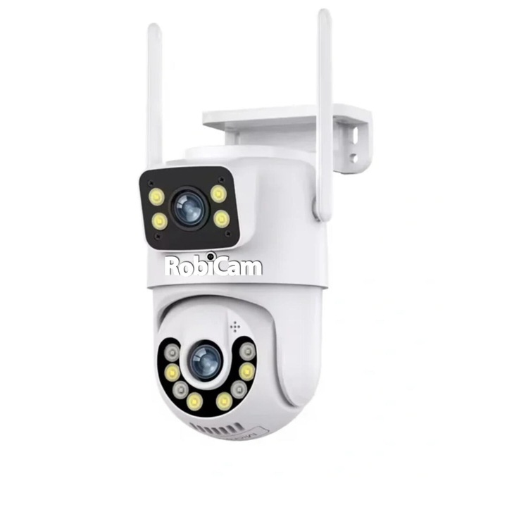 RobiCam, iCsee, 6MP, Двойна камера, Монтаж на таван и стена, Външна, WiFi, Водоустойчива, 360 градуса, FULL HD, 6MP, Цветно нощно виждане, Нотификации