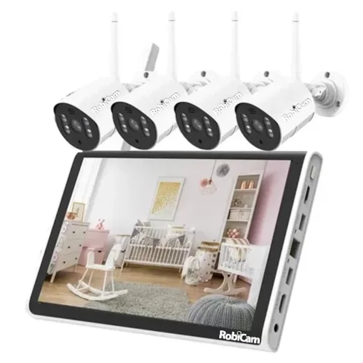 4 WiFi kamera, RobiCam, 10 hüvelykes monitor, Beépített rögzítő eszköz