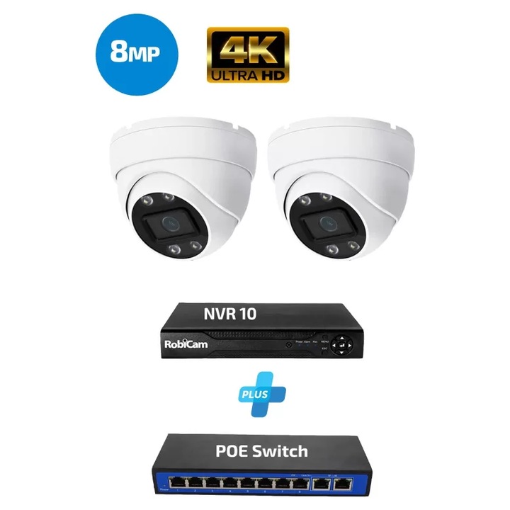 POE készlet, RobiCam, 2 dómkamera, NVR, Poe Switch