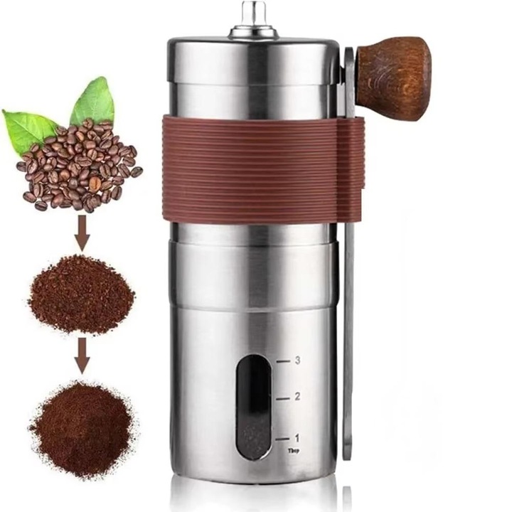 Rasnita cafea, Otel inoxidabil 304, Macinare Stabila Si Usoara a Boabelor, Pudra Uniforma, Reglabilitate a grosimii, manivela manuala，Alegerea ideala pentru birou, calatorii si camping
