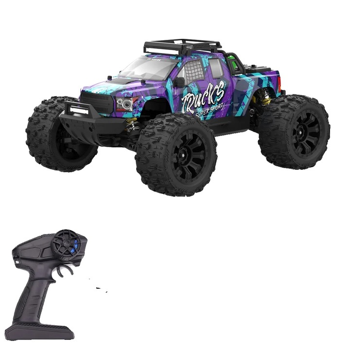 Masinuta RC, 1/14, 4WD, 80km/h, albastru, set cu telecomanda, baterii si incarcator