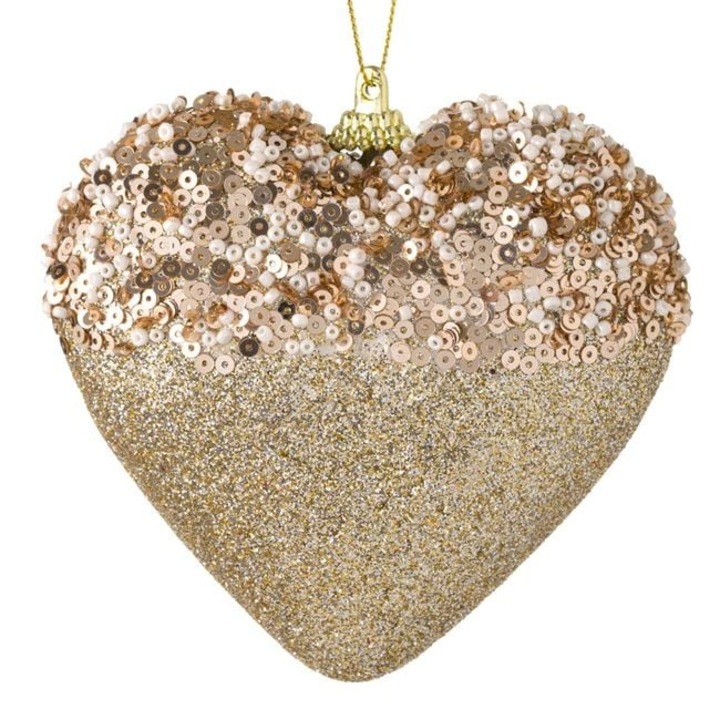 Antbro® bézs habszivacs karácsonyi gömb szív, flitterekkel, gyöngyökkel és glitterrel, Ø11cm