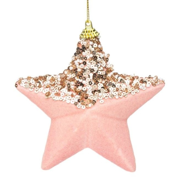 Antbro® habszivacs karácsonyfadísz, bársonyos rózsaszín csillag arany gyöngyökkel, Ø12cm