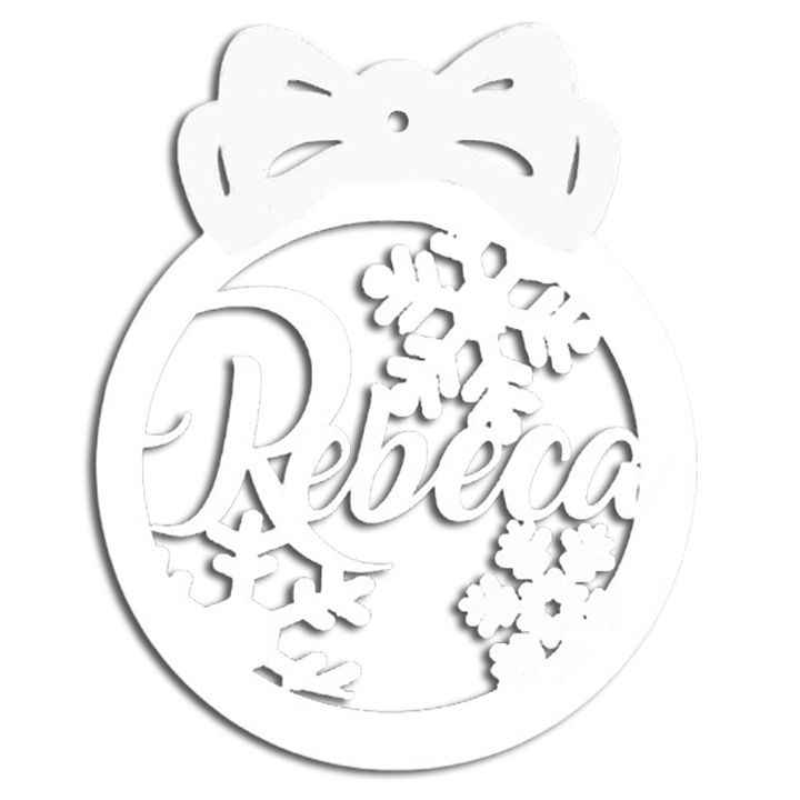 Ornament brad nume Rebeca, fundita si fulgi de zapada, 10cm, ArtemisGift