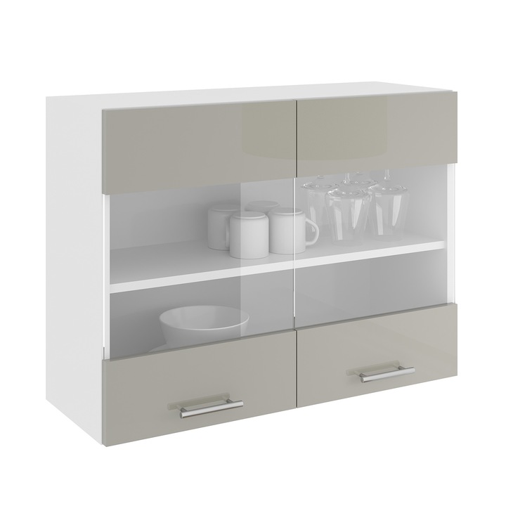 Corp Superior haaus Karo, 2 Usi, cu sticla, Gri Lucios/Alb, MDF, 80 x 30 x 60 cm