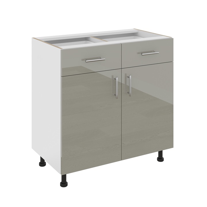 Corp Baza haaus Karo, 2 Sertare, 2 Usi, Gri Lucios/Alb, MDF, 80 x 50 x 80 cm