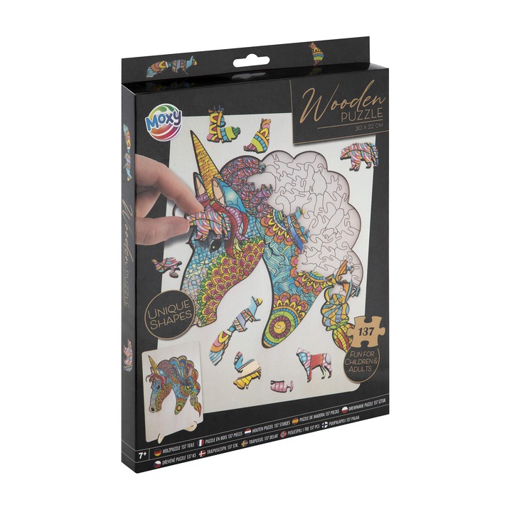 Пъзел MoxyЕднорог, уникални форми, дървен, 137 части