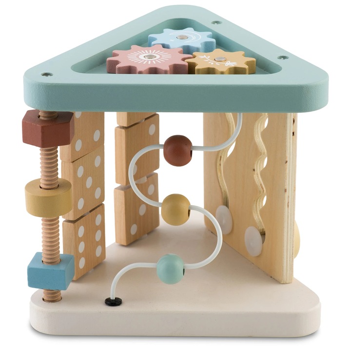 Cub interactiv bebe DacEnergy©, triunghi, sprijina invatare, numarare, forme si culori, panouri cu imagini cu animale, suruburi cu filet, 17 x 18.5 cm