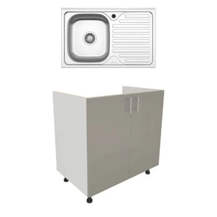 Set Masca Chiuveta haaus Karo, Gri Lucios/Alb, MDF, 80 x 50 x 80 cm, Chiuveta Inox, Cuva stanga