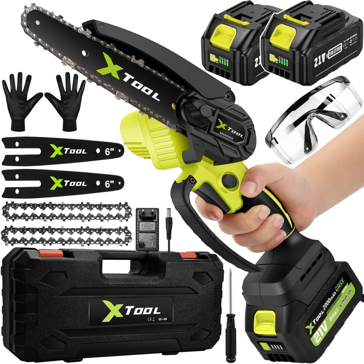 XTool 21V безжичен трион, 6 инча с 2 батерии 2000 mAh - комплект мини верижен трион с мощен и лесен за рязане трион за градина, дърво и клони