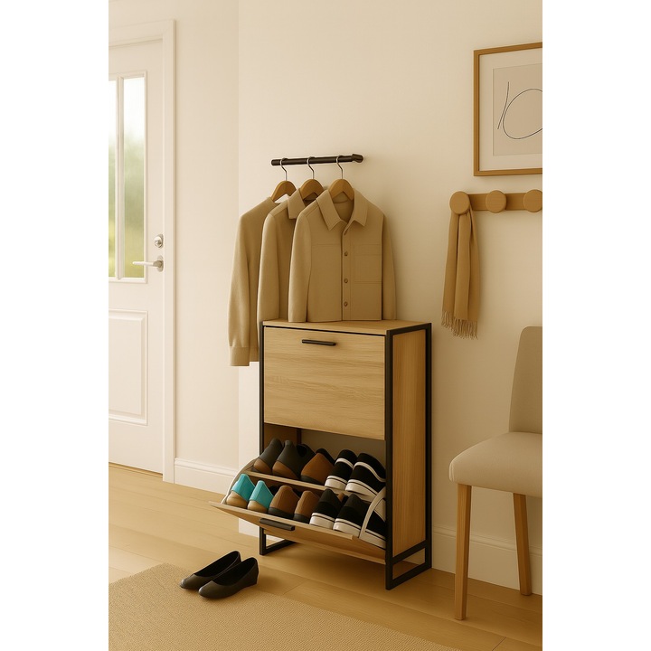 Pantofar Piza cu doua sertare, stejar, 60x24xH80 cm, Stejar, UnicSpot