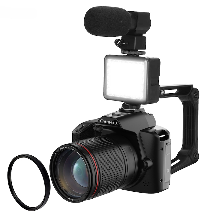 Digitális kamera, 64 MP, 4K HD, kettős első és hátsó kamera, éjjellátó, 4800 mAh-s akkumulátor, 16x zoom, rezgéscsillapító, fekete