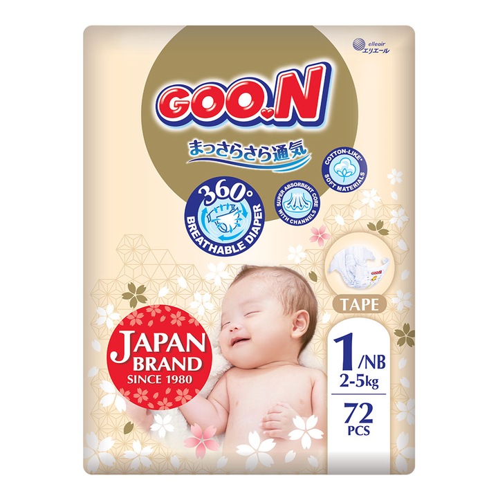 Пелени размер 1, Goo.N, Premium Soft, NB, 2-5кг, 72 броя