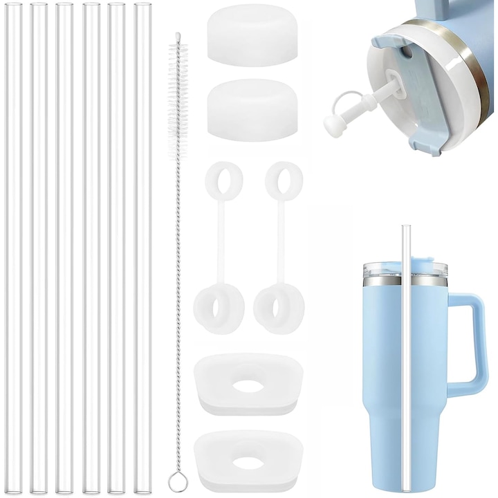 Set de 6 paie pentru Stanley Cup, Excitat®, paie din plastic ecologic, transparente, de 31 cm, cu perie de curatare, compatibile cu Stanley Cup de 30/40 oz