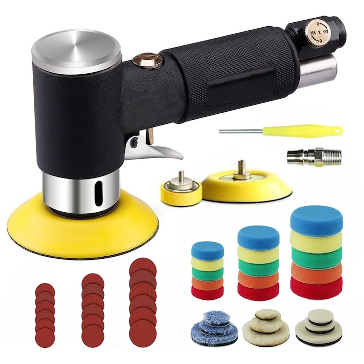 Slefuitor orbital aleatoriu Excitat® 25 mm, 50 mm, 80 mm, cu aer comprimat, polizor unghiular, masina de lustruit, set de 24 de bureti pentru lustruire, set de pad-uri de lustruire si cap de lustruire