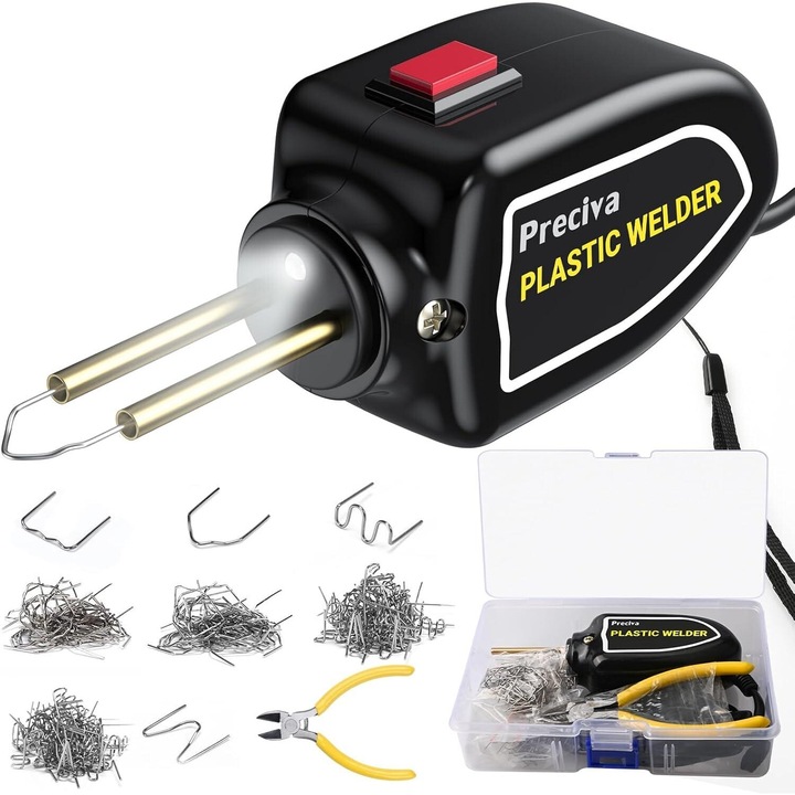 Aparat de sudura Excitat® din plastic 100W, portabil, cu 200 capse si clesti, kit de reparatie cu capse fierbinti pentru bara de protectie auto, caiac si majoritatea produselor din plastic